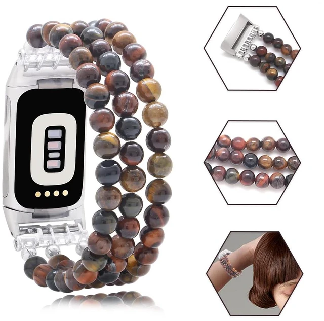 Alt view image 5 of 6 - Compatible with Fitbit Charge 6/5 Natural Gemstone Beaded Handmade Adjustable Bracelet Replacement Band for Women