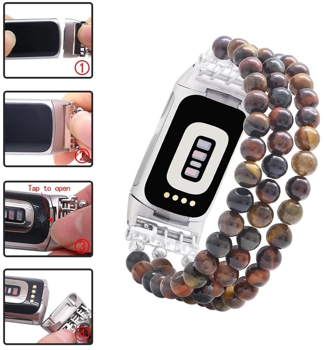 Alt view image 6 of 6 - Compatible with Fitbit Charge 6/5 Natural Gemstone Beaded Handmade Adjustable Bracelet Replacement Band for Women