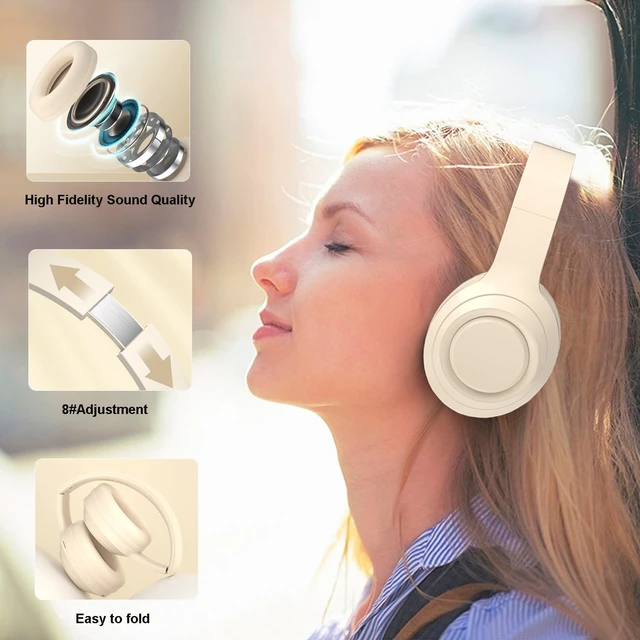 Alt view image 3 of 6 - White Wireless Headphones Bluetooth, Foldable Over Ear Headphones, Hi Fi Stereo Headphones Built in Mic for phone/TV/PC/MP4/Home/Office