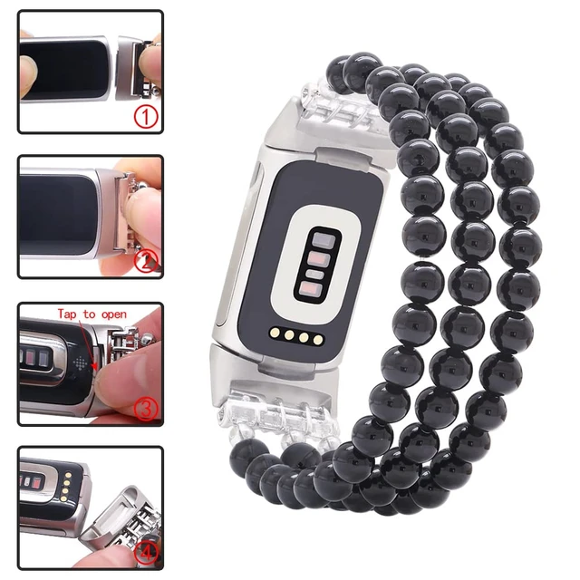 Alt view image 5 of 6 - Compatible with Fitbit Charge 6/5 Natural Gemstone Beaded Handmade Adjustable Bracelet Replacement Band for Women