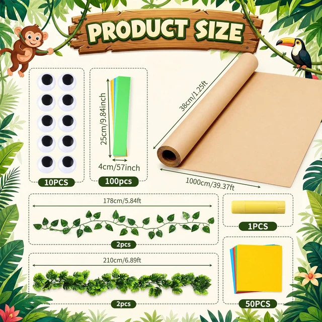Alt view image 2 of 7 - 167 Pcs Classroom Tree Bulletin Board Decoration Kit with DIY Kraft Paper Roll Artificial Pothos Monstera Leaves Vines Snake Eyes Colorful Cards Paper Chain Strips for Jungle Rainforest Decor