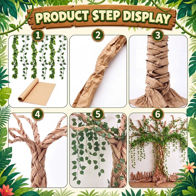 Alt view image 3 of 7 - 167 Pcs Classroom Tree Bulletin Board Decoration Kit with DIY Kraft Paper Roll Artificial Pothos Monstera Leaves Vines Snake Eyes Colorful Cards Paper Chain Strips for Jungle Rainforest Decor