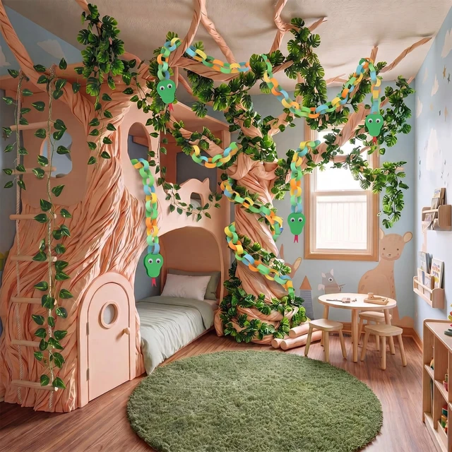 Alt view image 5 of 7 - 167 Pcs Classroom Tree Bulletin Board Decoration Kit with DIY Kraft Paper Roll Artificial Pothos Monstera Leaves Vines Snake Eyes Colorful Cards Paper Chain Strips for Jungle Rainforest Decor