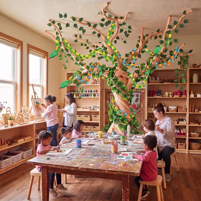 Alt view image 7 of 7 - 167 Pcs Classroom Tree Bulletin Board Decoration Kit with DIY Kraft Paper Roll Artificial Pothos Monstera Leaves Vines Snake Eyes Colorful Cards Paper Chain Strips for Jungle Rainforest Decor