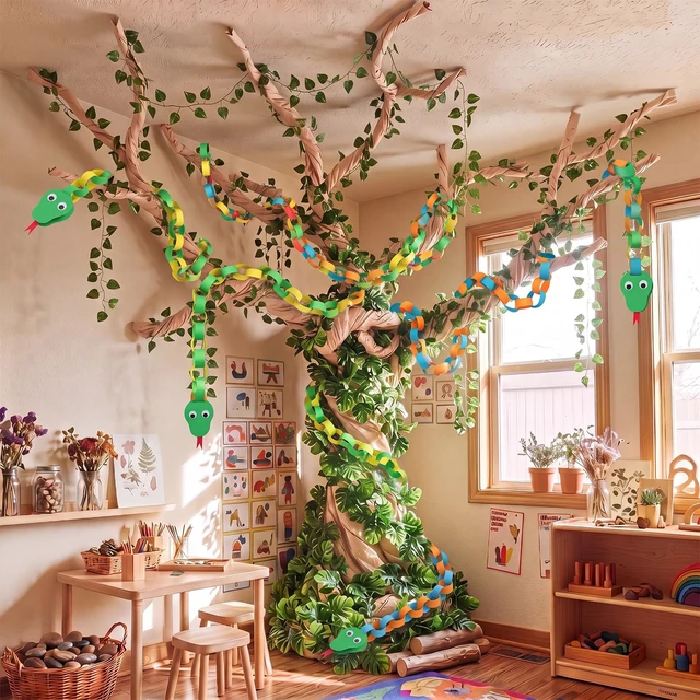 Alt view image 6 of 7 - 167 Pcs Classroom Tree Bulletin Board Decoration Kit with DIY Kraft Paper Roll Artificial Pothos Monstera Leaves Vines Snake Eyes Colorful Cards Paper Chain Strips for Jungle Rainforest Decor