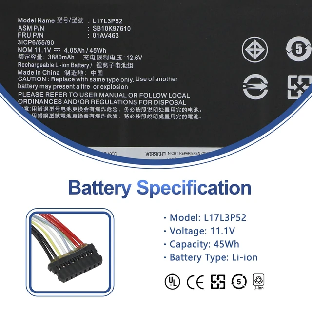 Alt view image 2 of 7 - L17L3P52 01AV463 Battery for Lenovo ThinkPad L480 L490 L580 L590 L14 L15 L17M3P53 SB10K97610 SB10K97611 01AV464 L17M3P54 SB10K97612 01AV465 L17C3P52 SB10K97613 01AV466