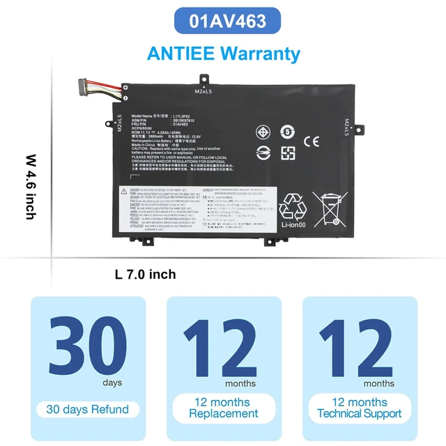 Alt view image 7 of 7 - L17L3P52 01AV463 Battery for Lenovo ThinkPad L480 L490 L580 L590 L14 L15 L17M3P53 SB10K97610 SB10K97611 01AV464 L17M3P54 SB10K97612 01AV465 L17C3P52 SB10K97613 01AV466