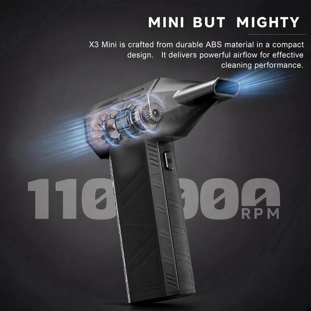 Alt view image 5 of 7 - X3Mini Electric Air Duster Turbo Fan (Version 1.1), 110,000RPM, Rechargeable USB-C, 100Mph Wind Speed at the Nozzle, Compact and Portable, Multi-Nozzle Attachments, Black