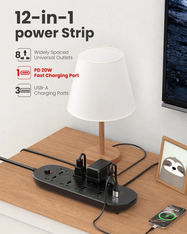 Alt view image 2 of 6 - Flat Plug Extension Cord with 8 Wide Space Universal Outlets 4 USB (1 USB C PD 20W), 110-265V, Max 3000w, 6ft Outlet Extender, Wall Mount Power Strip for Home Office Dorm Room Essentials