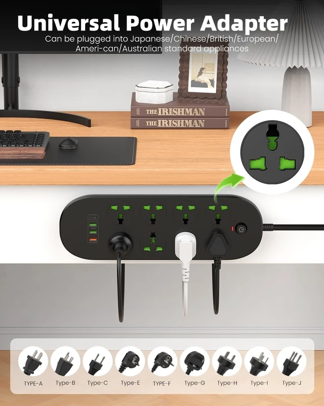 Alt view image 3 of 6 - Flat Plug Extension Cord with 8 Wide Space Universal Outlets 4 USB (1 USB C PD 20W), 110-265V, Max 3000w, 6ft Outlet Extender, Wall Mount Power Strip for Home Office Dorm Room Essentials
