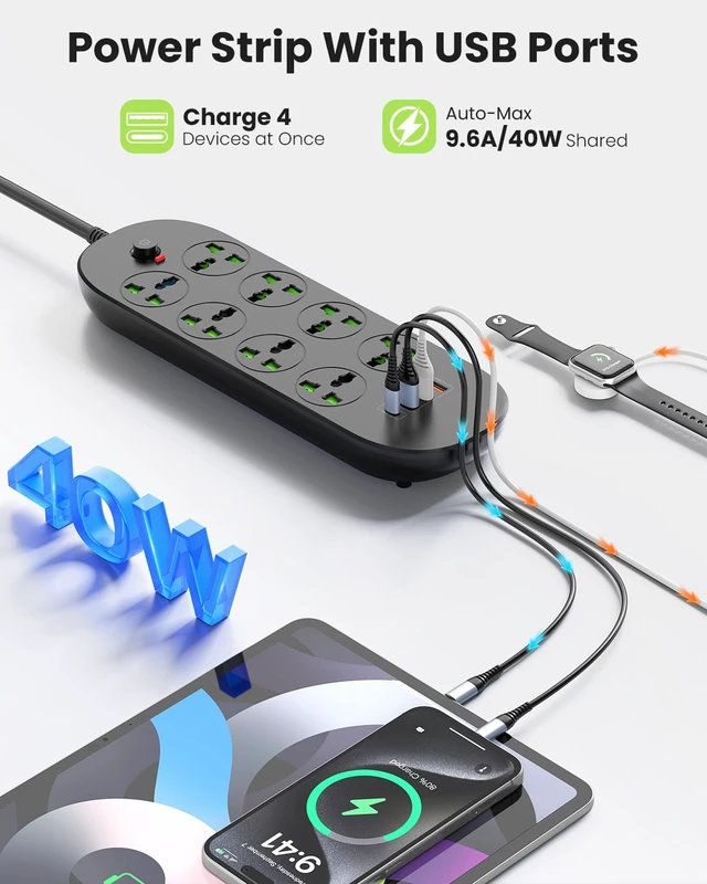 Alt view image 4 of 6 - Flat Plug Extension Cord with 8 Wide Space Universal Outlets 4 USB (1 USB C PD 20W), 110-265V, Max 3000w, 6ft Outlet Extender, Wall Mount Power Strip for Home Office Dorm Room Essentials