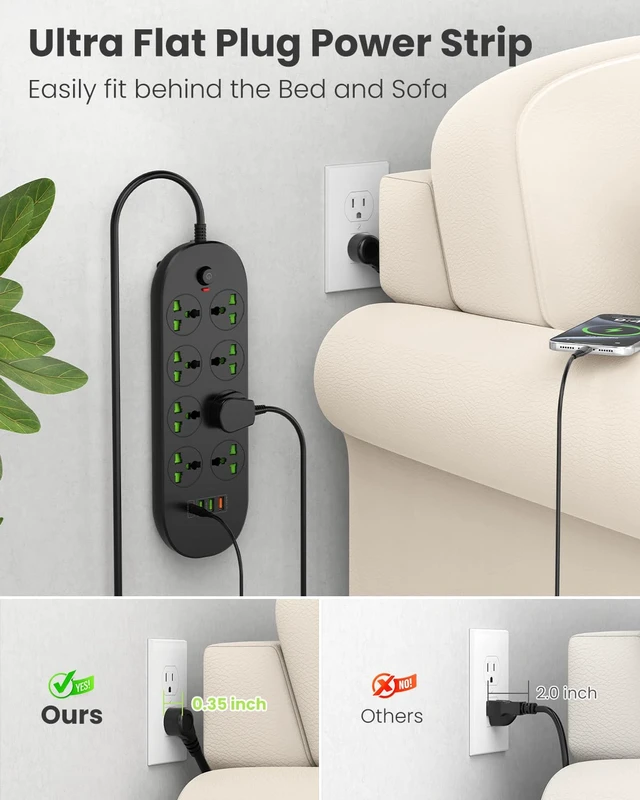 Alt view image 5 of 6 - Flat Plug Extension Cord with 8 Wide Space Universal Outlets 4 USB (1 USB C PD 20W), 110-265V, Max 3000w, 6ft Outlet Extender, Wall Mount Power Strip for Home Office Dorm Room Essentials