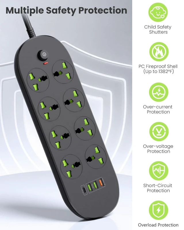 Alt view image 6 of 6 - Flat Plug Extension Cord with 8 Wide Space Universal Outlets 4 USB (1 USB C PD 20W), 110-265V, Max 3000w, 6ft Outlet Extender, Wall Mount Power Strip for Home Office Dorm Room Essentials