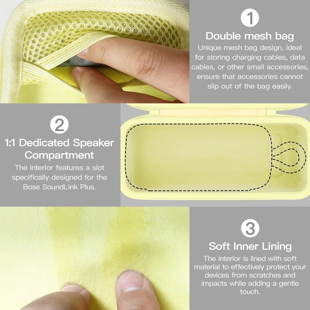 Alt view image 4 of 7 - for Bose SoundLink Plus Portable Speaker Hard Protective Case,Citrus Yellow Detachable Shoulder Strap, Reinforced Hand Strap, Easy Carrying, Dual Mesh Pockets, Cable Organization