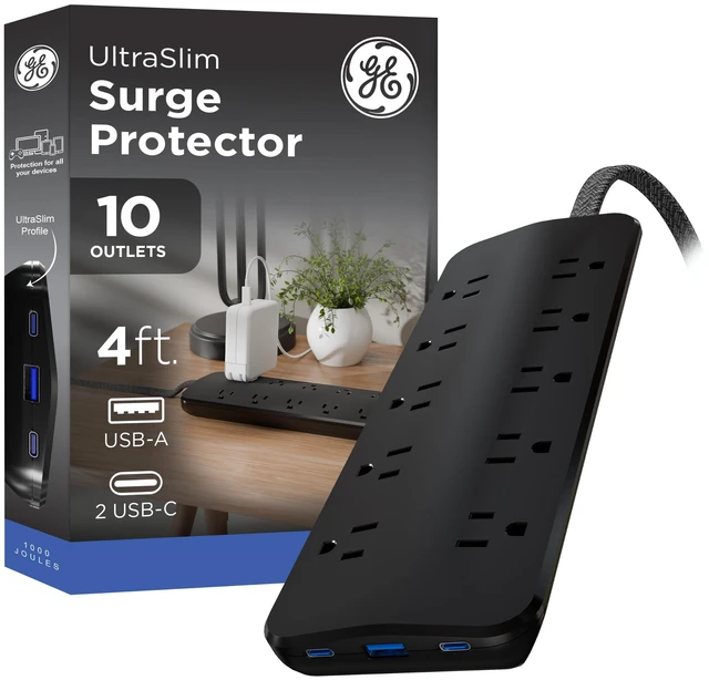 Main image of Sur Protector Power Strips with USB Ports, 4 Ft Braided Extension Cord 1000 Joules, 10 Outlet Extender (Wide Spaced), 1 USB-A, 2 USB-C, Flat Plug, ETL Safety Listed, Black, 88190