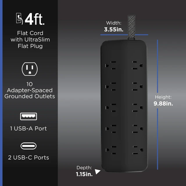 Alt view image 2 of 7 - Sur Protector Power Strips with USB Ports, 4 Ft Braided Extension Cord 1000 Joules, 10 Outlet Extender (Wide Spaced), 1 USB-A, 2 USB-C, Flat Plug, ETL Safety Listed, Black, 88190