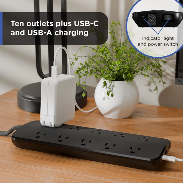 Alt view image 3 of 7 - Sur Protector Power Strips with USB Ports, 4 Ft Braided Extension Cord 1000 Joules, 10 Outlet Extender (Wide Spaced), 1 USB-A, 2 USB-C, Flat Plug, ETL Safety Listed, Black, 88190