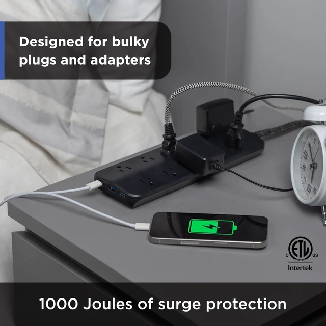 Alt view image 5 of 7 - Sur Protector Power Strips with USB Ports, 4 Ft Braided Extension Cord 1000 Joules, 10 Outlet Extender (Wide Spaced), 1 USB-A, 2 USB-C, Flat Plug, ETL Safety Listed, Black, 88190
