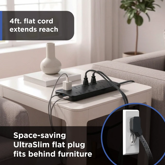 Alt view image 6 of 7 - Sur Protector Power Strips with USB Ports, 4 Ft Braided Extension Cord 1000 Joules, 10 Outlet Extender (Wide Spaced), 1 USB-A, 2 USB-C, Flat Plug, ETL Safety Listed, Black, 88190