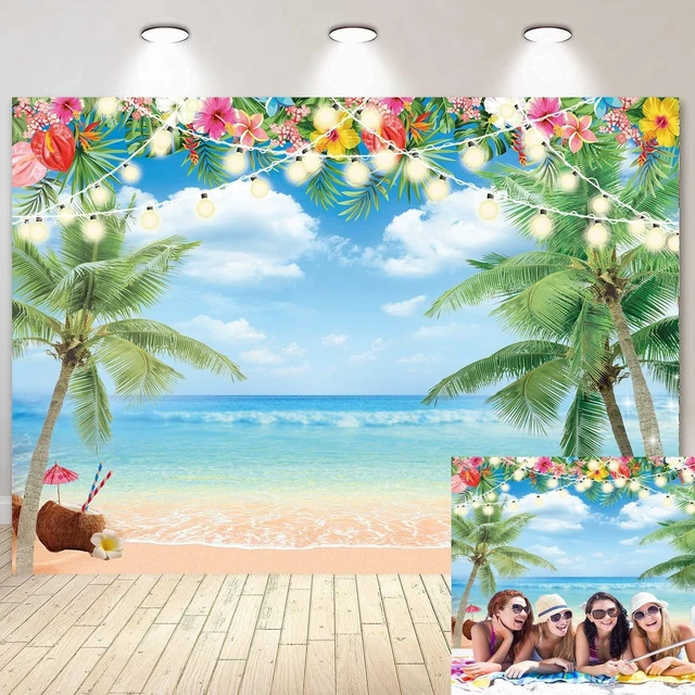 Main image of Hawaiian Beach Backdrop Summer Tropical Flower Palm Ocean Beach Photography Background for Hawaiian Aloha Party Luau Photoshoot Tiki Themed Decoration 8x6FT