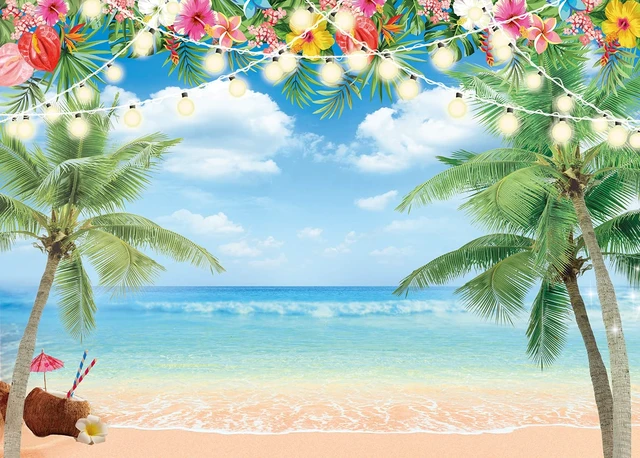 Alt view image 2 of 7 - Hawaiian Beach Backdrop Summer Tropical Flower Palm Ocean Beach Photography Background for Hawaiian Aloha Party Luau Photoshoot Tiki Themed Decoration 8x6FT