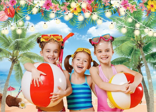 Alt view image 4 of 7 - Hawaiian Beach Backdrop Summer Tropical Flower Palm Ocean Beach Photography Background for Hawaiian Aloha Party Luau Photoshoot Tiki Themed Decoration 8x6FT