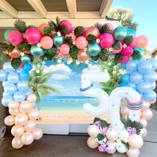 Alt view image 3 of 7 - Hawaiian Beach Backdrop Summer Tropical Flower Palm Ocean Beach Photography Background for Hawaiian Aloha Party Luau Photoshoot Tiki Themed Decoration 8x6FT