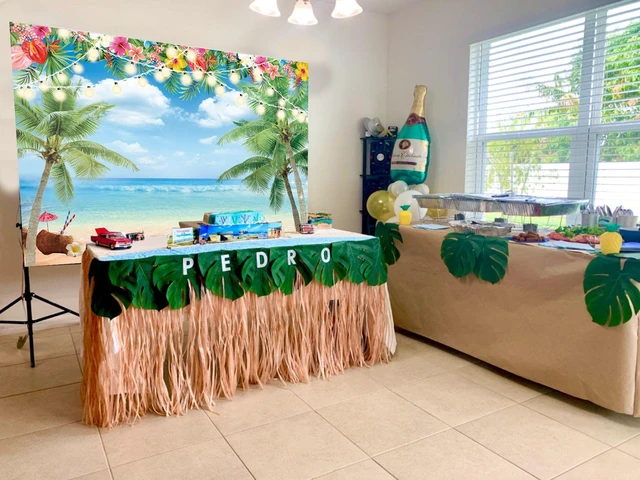 Alt view image 5 of 7 - Hawaiian Beach Backdrop Summer Tropical Flower Palm Ocean Beach Photography Background for Hawaiian Aloha Party Luau Photoshoot Tiki Themed Decoration 8x6FT