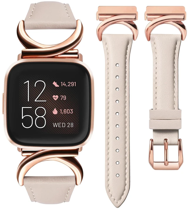 Main image of Leather Band Compatible with Fitbit Versa 2/Fitbit Versa/Versa Lite Bands Women, Slim Thin Dressy Designer Premium Leather Strap with C-Shape Metal Buckle for Versa 2 Smartwatch Accessories