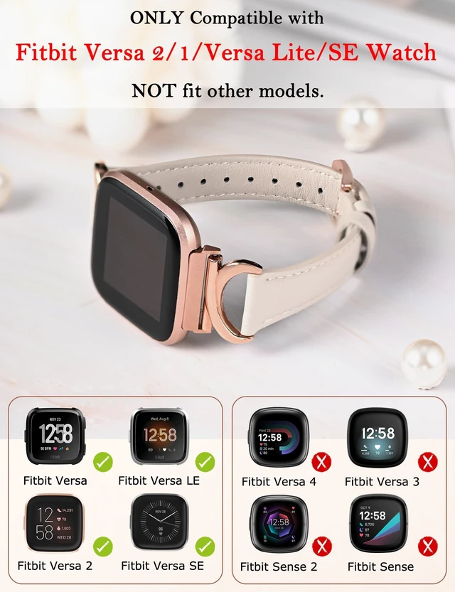 Alt view image 2 of 6 - Leather Band Compatible with Fitbit Versa 2/Fitbit Versa/Versa Lite Bands Women, Slim Thin Dressy Designer Premium Leather Strap with C-Shape Metal Buckle for Versa 2 Smartwatch Accessories
