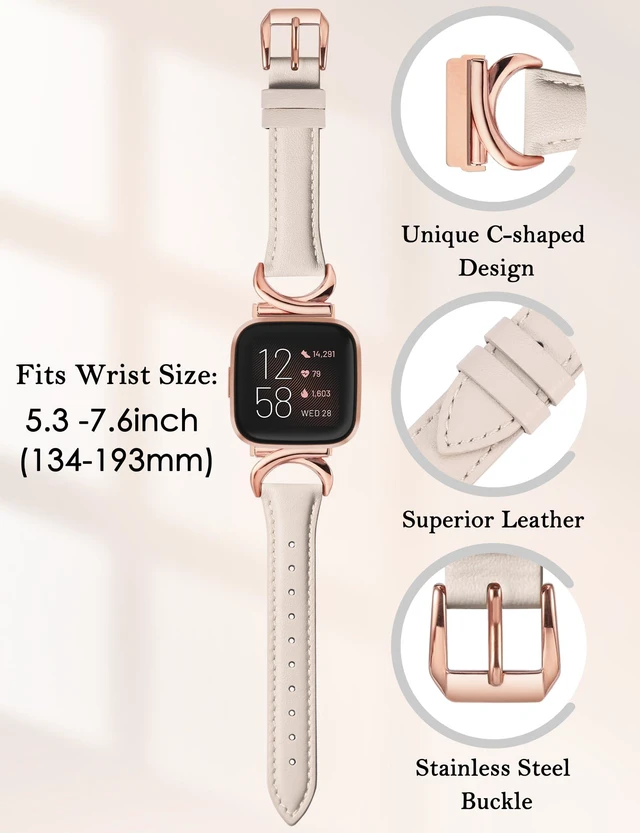 Alt view image 3 of 6 - Leather Band Compatible with Fitbit Versa 2/Fitbit Versa/Versa Lite Bands Women, Slim Thin Dressy Designer Premium Leather Strap with C-Shape Metal Buckle for Versa 2 Smartwatch Accessories