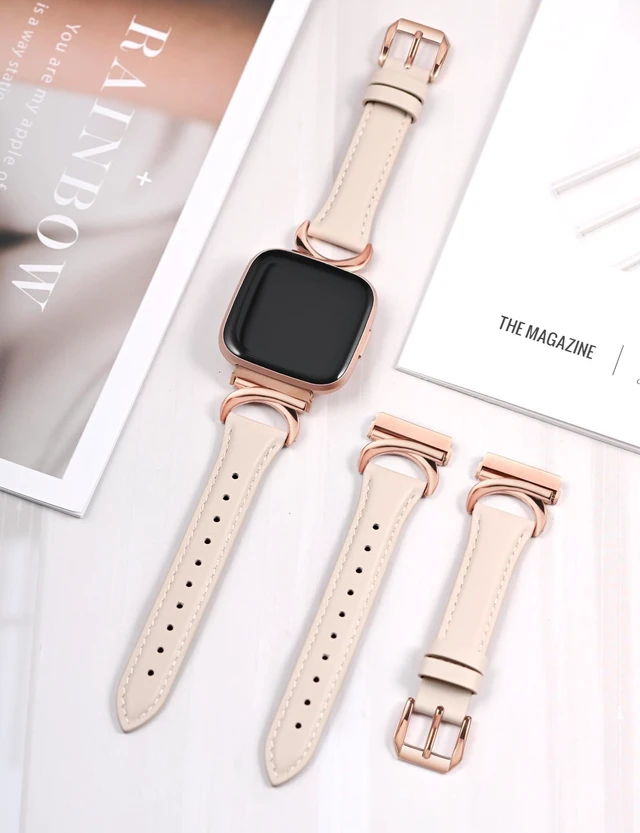 Alt view image 4 of 6 - Leather Band Compatible with Fitbit Versa 2/Fitbit Versa/Versa Lite Bands Women, Slim Thin Dressy Designer Premium Leather Strap with C-Shape Metal Buckle for Versa 2 Smartwatch Accessories