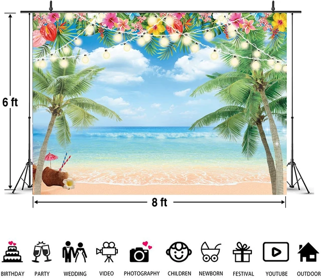 Alt view image 6 of 7 - Hawaiian Beach Backdrop Summer Tropical Flower Palm Ocean Beach Photography Background for Hawaiian Aloha Party Luau Photoshoot Tiki Themed Decoration 8x6FT