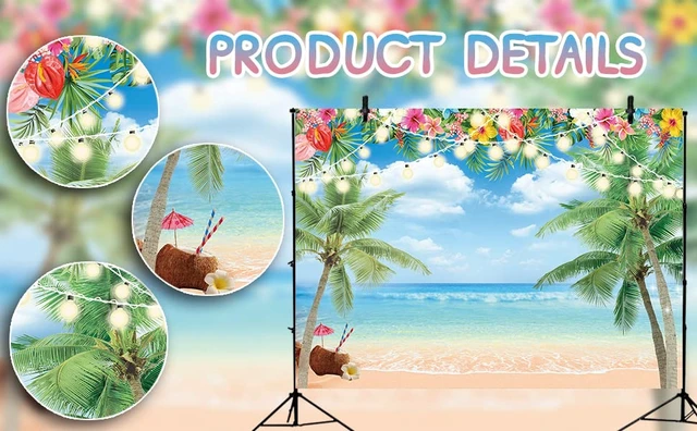 Alt view image 7 of 7 - Hawaiian Beach Backdrop Summer Tropical Flower Palm Ocean Beach Photography Background for Hawaiian Aloha Party Luau Photoshoot Tiki Themed Decoration 8x6FT