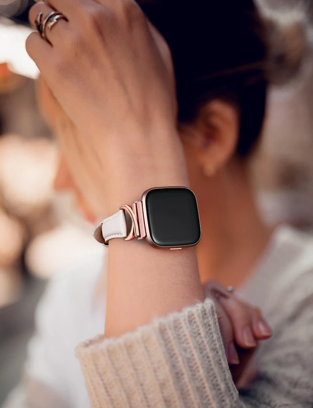 Alt view image 5 of 6 - Leather Band Compatible with Fitbit Versa 2/Fitbit Versa/Versa Lite Bands Women, Slim Thin Dressy Designer Premium Leather Strap with C-Shape Metal Buckle for Versa 2 Smartwatch Accessories