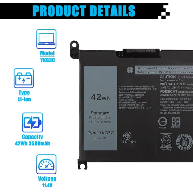 Alt view image 2 of 7 - 42Wh YKG3C Laptop Battery Replacement for Dell Chromebook 3120 Chromebook 3120 2-in-1 Series Notebook 0YKG3C 0RF9H3 11.4V 3500mAh
