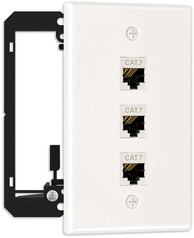 Main image of 1-Pack Shielded Cat7 Ethernet Wall Plate, 3-Port Keystone 10Gbit/s, 3-Port Keystone Wall Plate with Bracket + Cat7 Shielded RJ45 Coupler, Female to Female RJ45 Cat7 Wall Plate, PoE