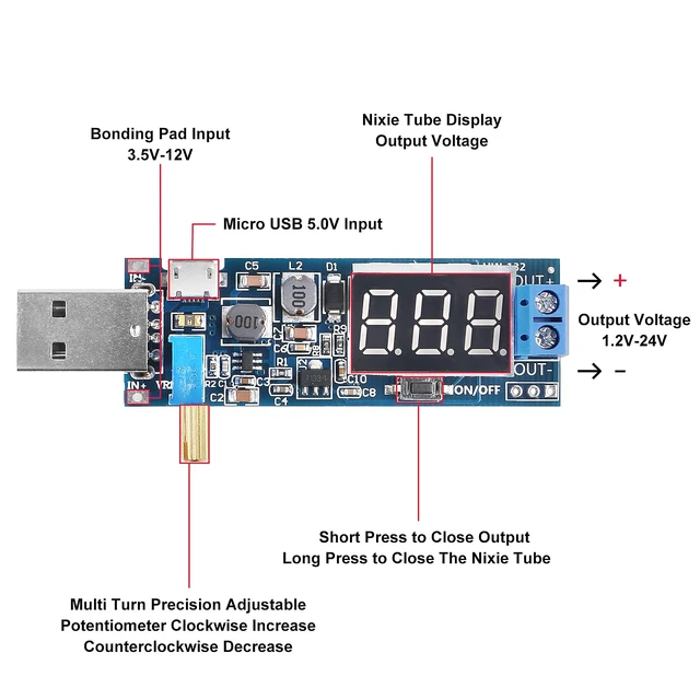 Alt view image 5 of 7 - 6pcs USB Buck Boost Converter 3.5V-12V to 1.2V-24V DC-DC Adjustable Step Up Step Down Power Supply Module Voltage Regulator 5V to 3.3V 9V 12V 18V 24V