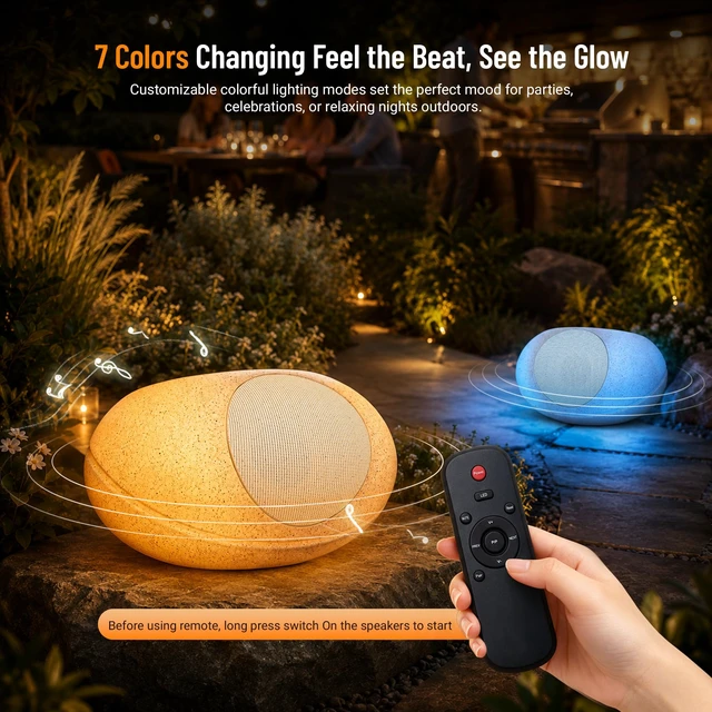 Alt view image 2 of 7 - Outdoor Rock Speakers 40W Stereo Loud Sound Solar Speaker with 7 Colorful Lights unique pebble exterior design,Waterproof IP65 Wireless TWS,Portable for Patio Outside Deck Pool Garden