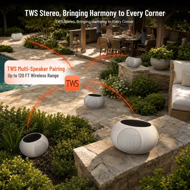 Alt view image 6 of 7 - Outdoor Rock Speakers 40W Stereo Loud Sound Solar Speaker with 7 Colorful Lights unique pebble exterior design,Waterproof IP65 Wireless TWS,Portable for Patio Outside Deck Pool Garden