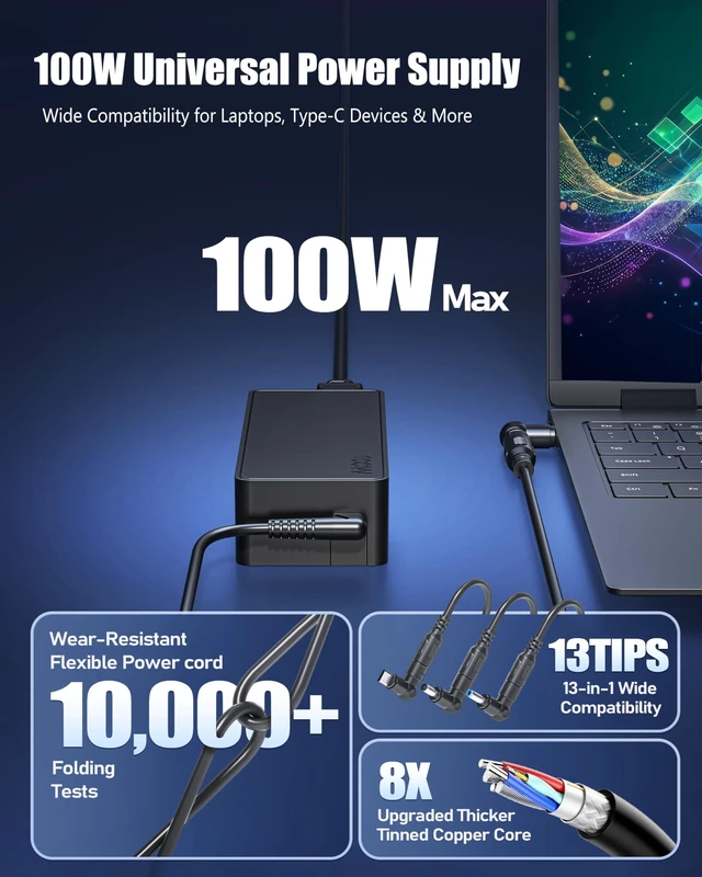 Alt view image 4 of 7 - 100W 90W USB C Universal Laptop Charger with 13Tips Compatible with Lenovo HP Dell Asus Acer Samsung ThinkPad Yoga Pavilion Envy Latitude Aspire Vivobook Chromebook Notebook Adapter Power Supply