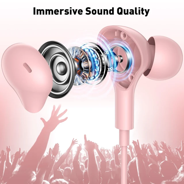 Alt view image 2 of 7 - Wired Earbuds in-Ear Headphones 3.5mm Jack for Laptop/School Pink Noise Isolation Small Earphones, Corded Plug-in Ear Buds Mic Volume Control for iPhone/Samsung/Android/PC/Gaming Console/Kids