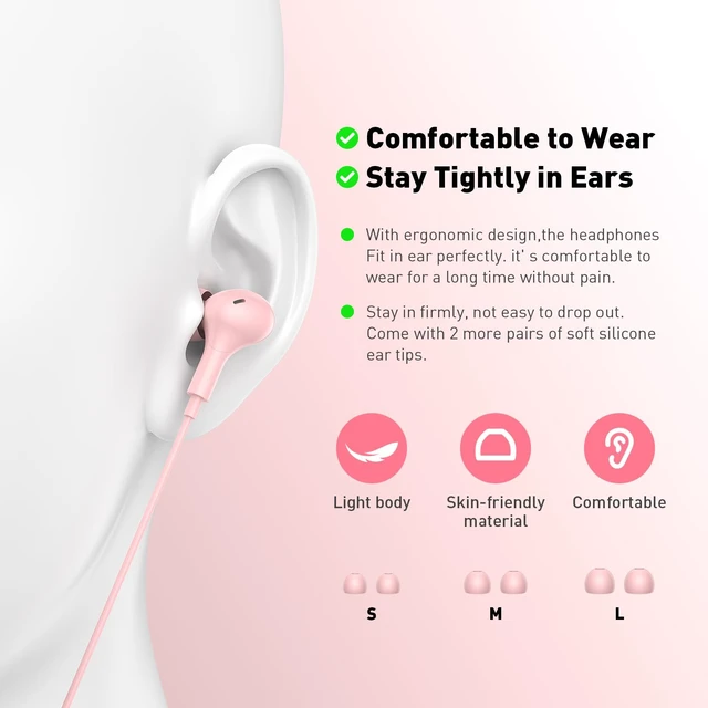 Alt view image 3 of 7 - Wired Earbuds in-Ear Headphones 3.5mm Jack for Laptop/School Pink Noise Isolation Small Earphones, Corded Plug-in Ear Buds Mic Volume Control for iPhone/Samsung/Android/PC/Gaming Console/Kids