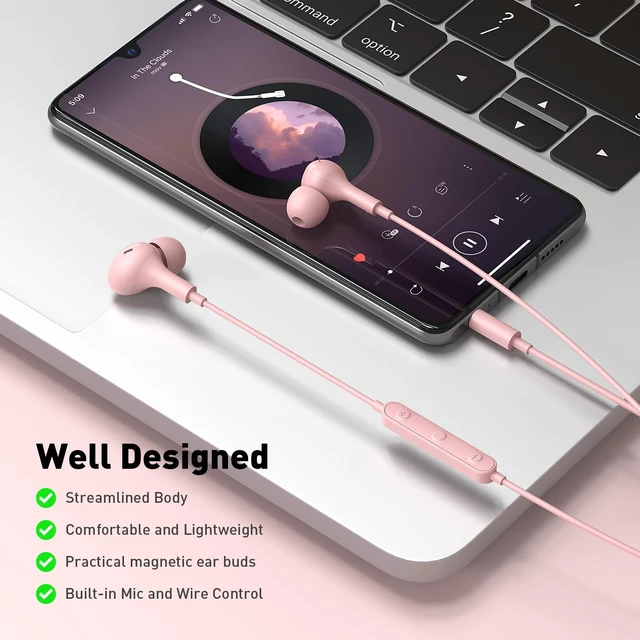 Alt view image 5 of 7 - Wired Earbuds in-Ear Headphones 3.5mm Jack for Laptop/School Pink Noise Isolation Small Earphones, Corded Plug-in Ear Buds Mic Volume Control for iPhone/Samsung/Android/PC/Gaming Console/Kids