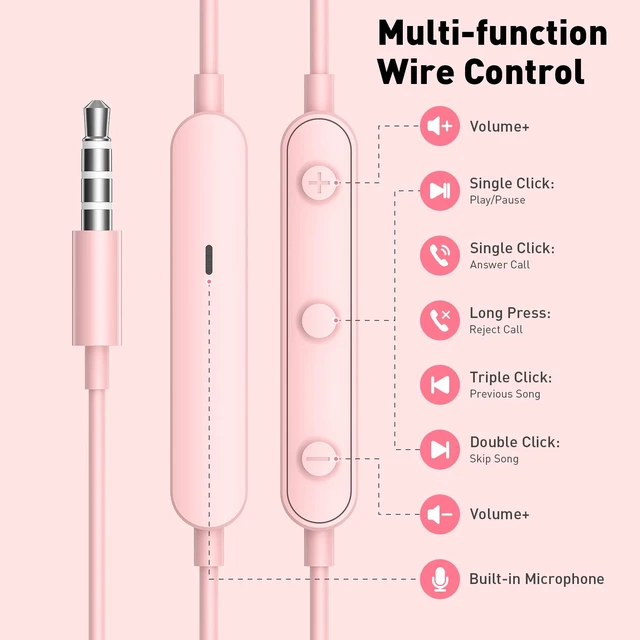 Alt view image 6 of 7 - Wired Earbuds in-Ear Headphones 3.5mm Jack for Laptop/School Pink Noise Isolation Small Earphones, Corded Plug-in Ear Buds Mic Volume Control for iPhone/Samsung/Android/PC/Gaming Console/Kids