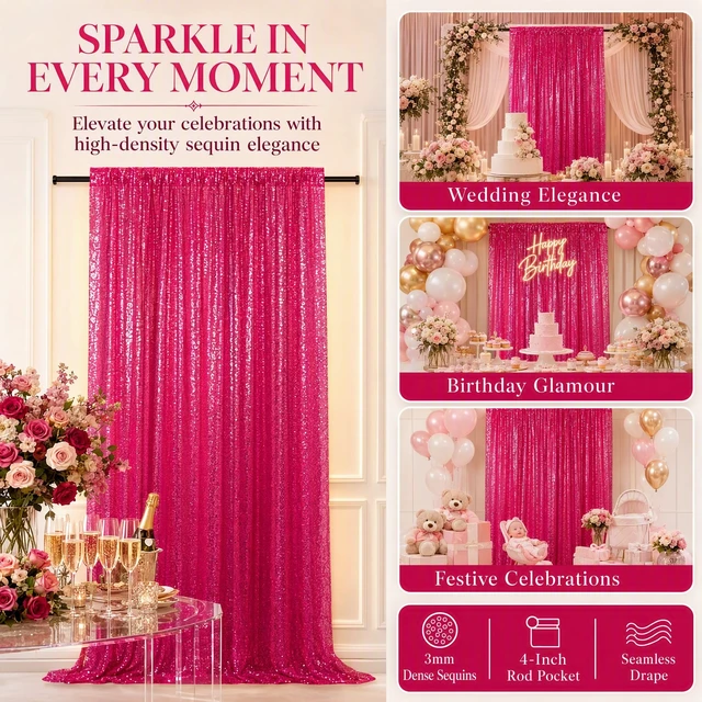 Alt view image 6 of 6 - Hot Pink Sequin Backdrop Curtain 4x7FT Photography Background Party Decor Sparkle Shimmer Fabric, Hot Pink Backdrop Curtain Seamless, Fuchsia Drapes for Wedding Baby Shower Birthday Photo Booth
