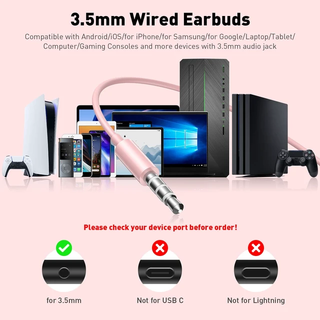 Alt view image 7 of 7 - Wired Earbuds in-Ear Headphones 3.5mm Jack for Laptop/School Pink Noise Isolation Small Earphones, Corded Plug-in Ear Buds Mic Volume Control for iPhone/Samsung/Android/PC/Gaming Console/Kids