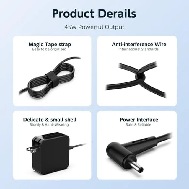 Alt view image 4 of 6 - 45W 33W Charger Laptop Compatible with Asus VivoBook ZenBook UX330 4.0*1.35mm Round Tip for Asus VivoBook 15 E510 E510M E510MA E410 E410M L210 X512 X512JA F510 F512 F512J, ZenBook UX330 UX305
