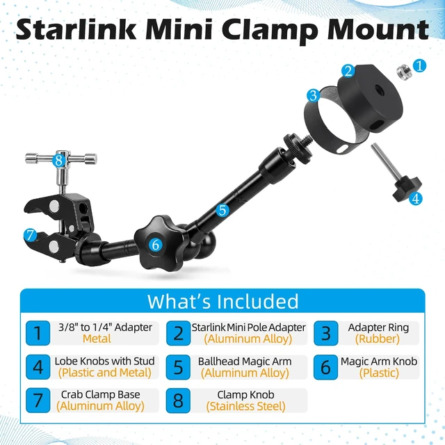 Alt view image 7 of 7 - 2024-2026 Starlink Mini Clamp Mount RV Adjustable Arm & Pipe Adapter