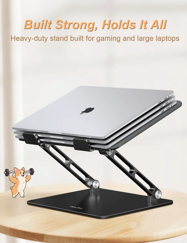 Alt view image 2 of 7 - Aluminum Laptop Stand for Desk Fit for All 10"-17.3" Laptops, Black Height-adjustable Notebook Holder, Ergonomic Computer Riser with Unique Puppy Cooling Vent, for Mac, Dell, Lenovo, HP